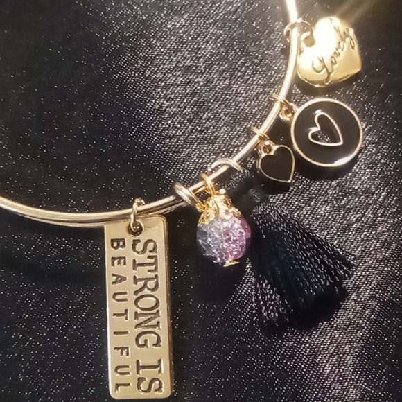 Inspirational bangles strong is beautiful tag,black tassel,gold tone. Expandable - Picture 2 of 3
